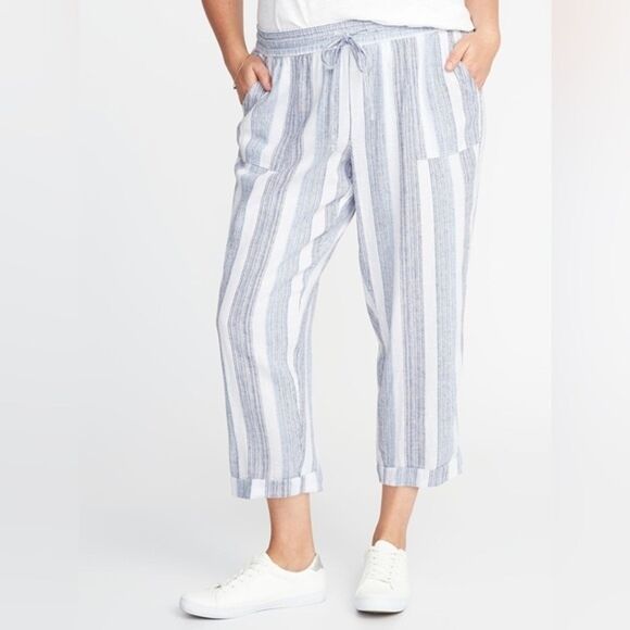 Old Navy Pants - Old Navy Linen Crop Cuffed Striped Wide Leg Pants Womens Size XL Boho Drawstring
